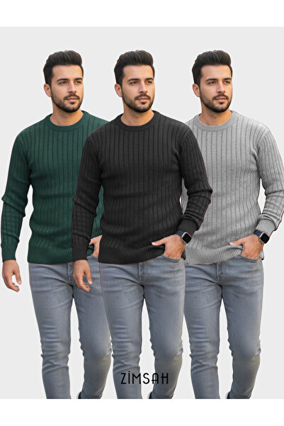 Zimsah Ανδρικό πλεκτό πουλόβερ 3 τεμαχίων σε μαύρο, γκρι, σμαραγδί χρώματα