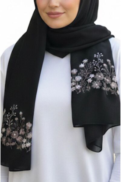 Veil Designer طرحة سودة بوال بقماش ياباني بتطريز ملون ورد و اغصان من الطرفين ...