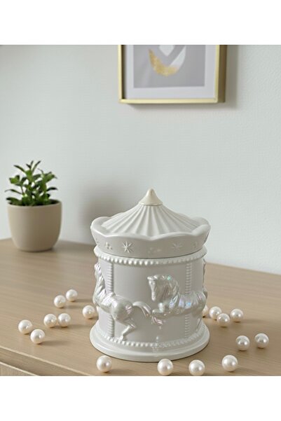 Handmade İnci Serisi Lüks Atlıkarınca Figürlü Kapaklı Mum - Sedefli İnci Deta...