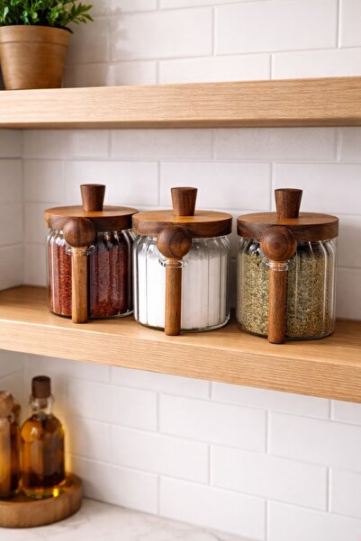 Paşabahçe 3'lü Akasya Kapaklı Kaşıklı Cam Kavanoz Seti - Vakumlu Baharat & Ka...