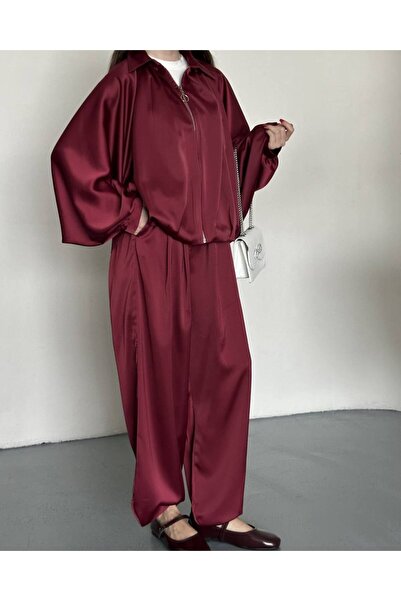 moda çağdaş Μπουφάν με φερμουάρ oversized Σατέν Υφασμάτινο Σετ Βουργουνδίας