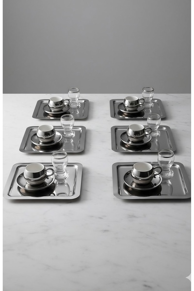 SİNİ Paslanmaz Çelik 6 Adet Kare Düz Gümüş Sunum Servis Tepsisi