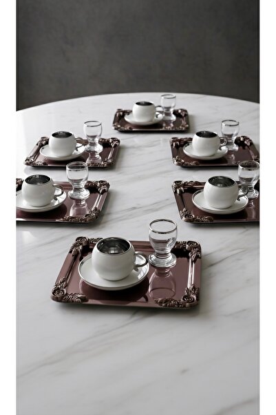 SİNİ Köşe Tekli Gül Aksesuarlı Paslanmaz Çelik 6 Adet Kare Lüx Bakır Kahve, Ç...