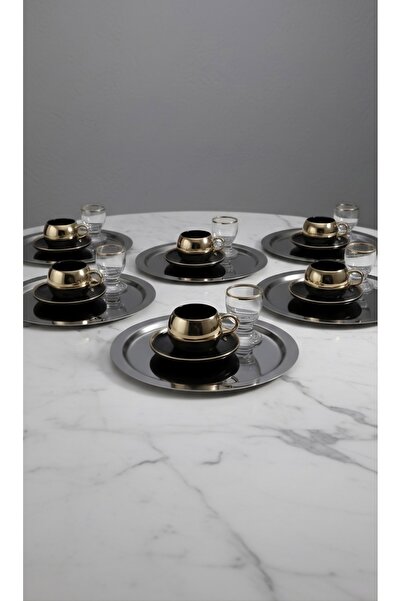 SİNİ Paslanmaz Çelik 6 Adet Yuvarlak Lüx Siyah Kahve, Çay Sunum Servis Tepsisi