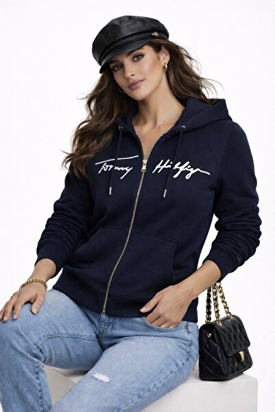 Tommy Hilfiger Embroidery Detailed Zippered Comfortable Hooded Women's Top