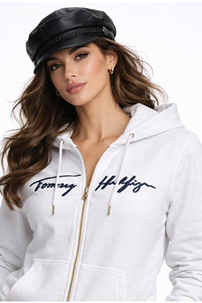 Tommy Hilfiger Embroidery Detailed Zippered Comfortable Hooded Women's Top
