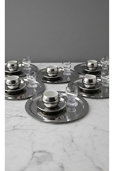 SİNİ Paslanmaz Çelik 6 Adet Yuvarlak Lüx Gümüş Kahve, Çay Sunum Servis Tepsisi