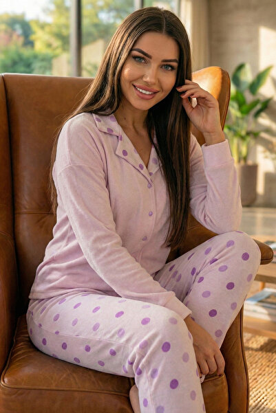 Pijamaevi Toz Pembe Puan Desenli Termal Önden Düğmeli Uzun Kollu Kadın Pijama...