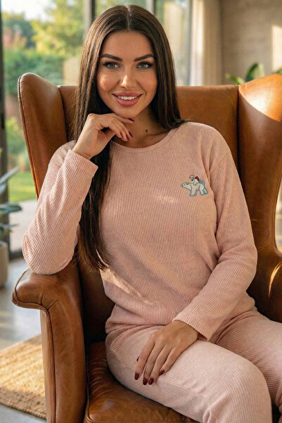 Pijamaevi Salmon Bear Patterned Long Sleeve Seoul Knitted Women's Pajama Set