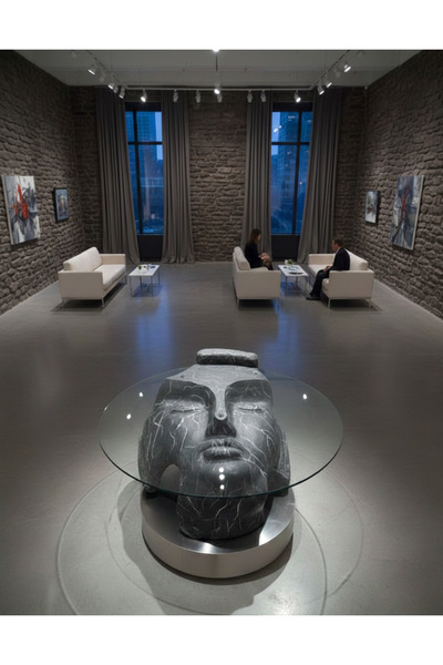 orienss Heykel Formlu El İşçiliği Cam Sehpa ( Eskitme Bazalt Taş Form )