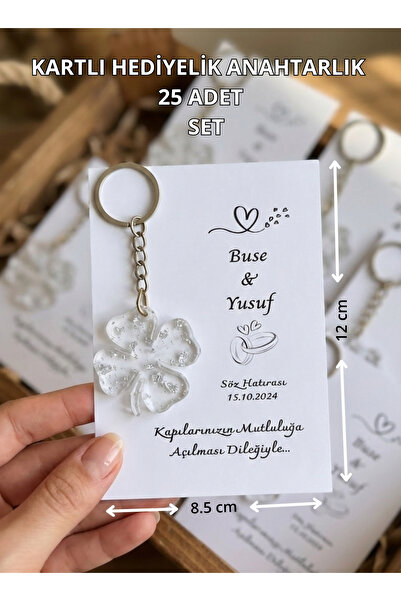 SEYVAYA Epoksi Yonca Anahtarlık 25 Adet Kişiye Özel Kartlı Gümüş Detaylı Söz ...