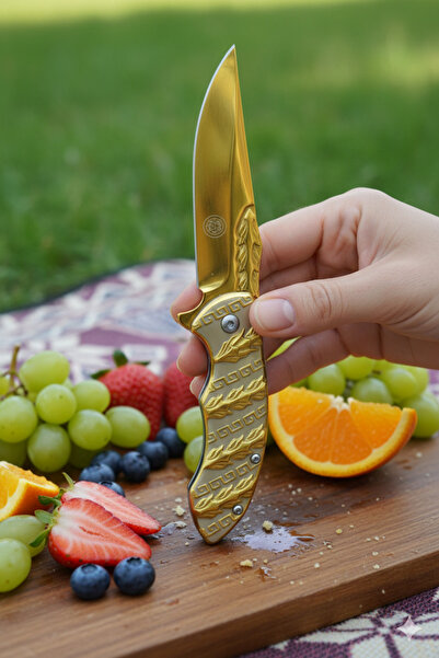 MERTCAN KNİFE Lüks Gold Kabartma İşlemeli Paslanmaz Çelik Mutfak ve Piknik El...