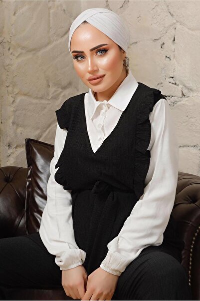 TRENDTESETTÜR KADIN SİYAH GÖMLEK GARNİLİ FIRFIR DETAYLI BÜRÜMCÜK TAKIM T 5003