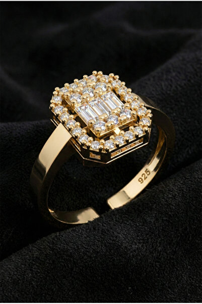 Roza Silver 925 Ayar Zirkon Taşlı Gold 3 Sıra Ayarlanabilir Baget Gümüş Yüzük