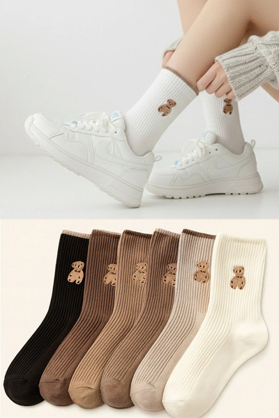 UZN SOCKS Set de 5 șosete de damă brodate cu ursuleț |   Bumbac, design casua...