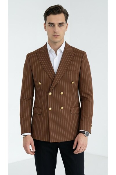 Plus Scorpion Jachetă blazer pentru bărbați cu dungi maro cu două rânduri de ...