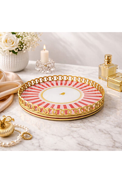 Pembelia Life Kuş Desenli Kırmızı Pembe Lüx Şık Sunum Tepsisi Özel Davet Tepsi