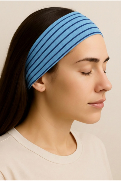 Mrey Bandană din bumbac elastic cu dungi albastre, bandană pentru păr, bandan...