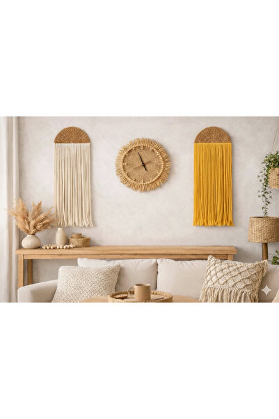 AYBÜK PABUÇ MAKROME DUVAR SÜSÜ VE BOHEM TARZ HASIR DUVAR SAATİ 3 LÜ SET