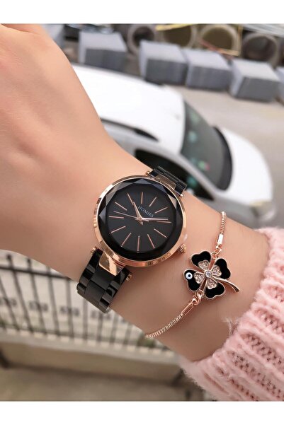 Homies ساعة يد نسائية مع علبة هدية أصلية وسوار هدية.HMRSEBLACK635EGD