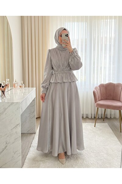 Modamorfo Beli Volan Detailed Stoned Janjan Satin Evening Dress - Stone