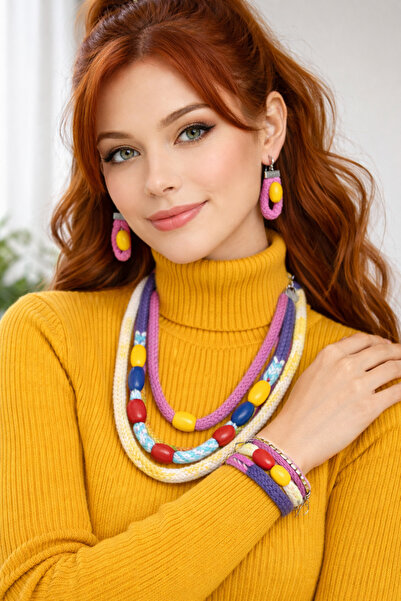 Handmade Trendy Ahşap Boncuklu Yün Örgü Otantik 3'lü Takı Set Kolye-Küpe-Bile...