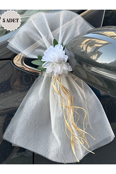 Mortex Beyaz Kasımpatı Çiçekli Düğün Arabası Süsü 5 Adet Gelin Arabası Konvoy...