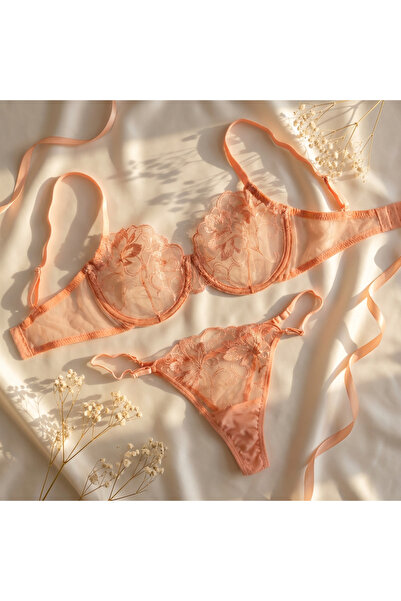 Ponpon Collection Şeffaf Nakışlı Dantel Detaylı Peach Renk Sütyen & G-String ...