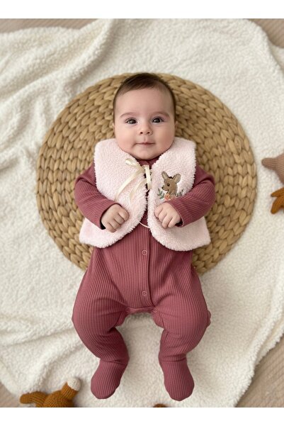 Necix's Geyik Nakışlı Peluş Yelekli %100 Pamuklu Kız Bebek Tulum Takım