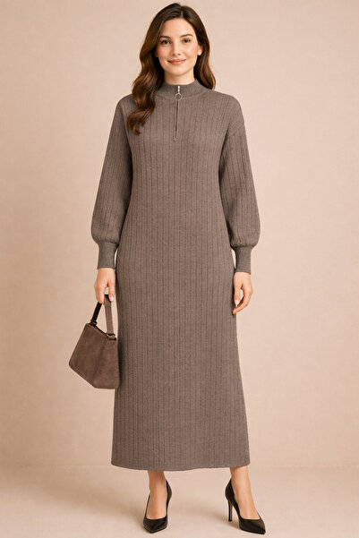 semela Thick Terry Fabric Standing Collar Zippered Knitted Dress (Length 130 ...