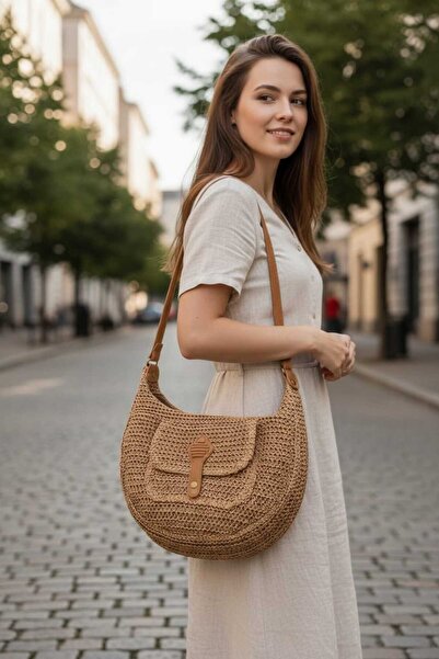 Aware Time Γυναικεία τσάντα ώμου με φερμουάρ από άχυρο