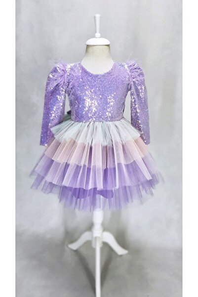 Kidstore Rochie de unicorn cu mânecă lungă cu paiete liliac pentru fetiță