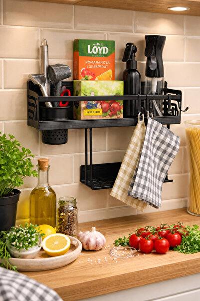 OEM Metal Kitchen Rack, Wall Mounted, Utensil Organizer, 39 cm, 6 Hooks, Black