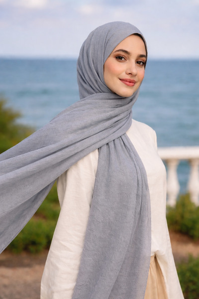 Jusmart Bambu Kraş Pamuklu Şal ◇ Gri ◇ Ütü Gerektirmeyen Kırışık Doku ◇ Kayma...