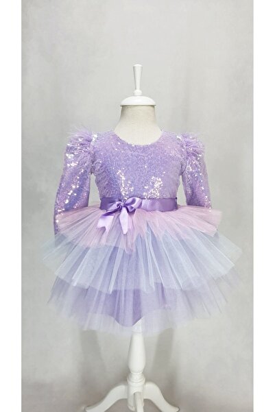 Kidstore Rochie cu mânecă lungă cu paiete liliac pentru fete în culorile unicorn