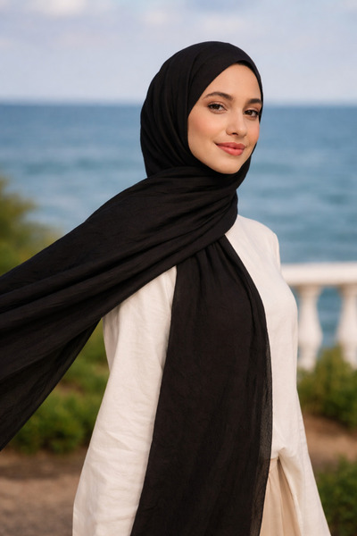 Jusmart Bambu Kraş Pamuklu Şal ◇ Siyah ◇ Ütü Gerektirmeyen Kırışık Doku ◇ Kay...