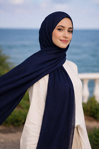 Jusmart Bambu Kraş Pamuklu Şal ◇ Lacivert ◇ Ütü Gerektirmeyen Kırışık Doku ◇ ...