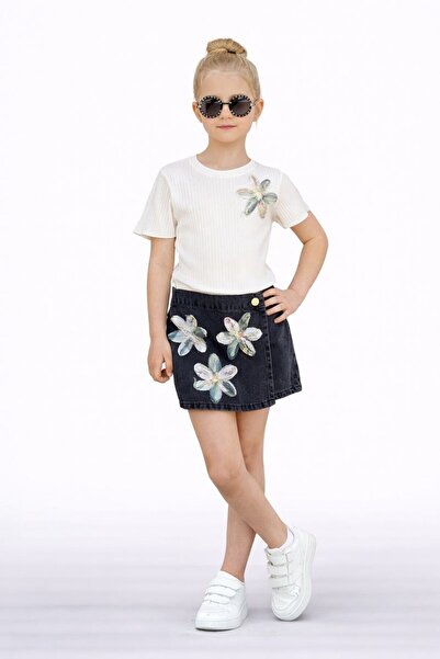 RAPAPA Комплект от тениска с флорален мотив и дънкова пола за момиче - лятна ...