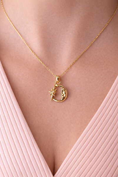 Uzak Işıklar قلادة من الفولاذ الذهبي بحجر الزركون على شكل نجمة الهلال