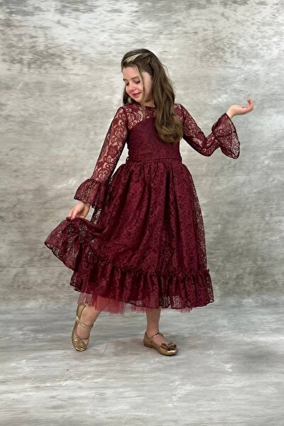 ABİYEKİDS Детска вечерна рокля от дантела в цвят бордо ABY6661