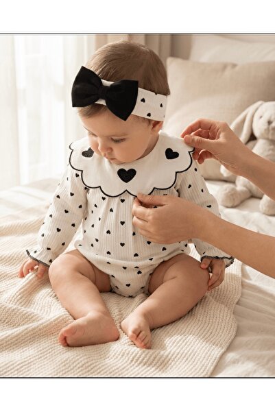 ÇAKAR BEBE Kalp Baskılı Geniş Yakalı Uzun Kollu Kız Bebek Romper