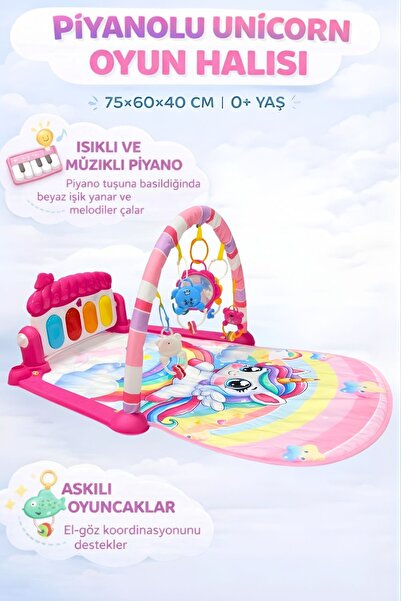 hak-iş oyuncak Piyanolu Unicorn Desenli Bebek Oyun Halısı – 0+ Ay, Hayvan Fig...