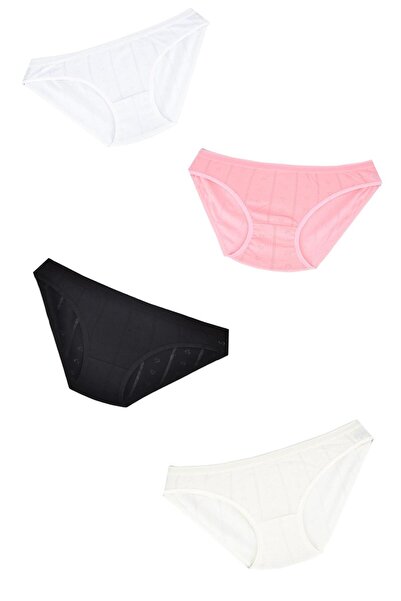 Tutku سليب نسائي من القطن الجاكار مكون من 4 قطع (أسود-أبيض-وردي-إكرو) - قياسي