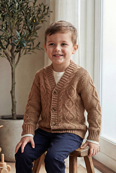 Babily سترة تريكو سميكة فاخرة للأولاد خياطة مخفية بياقة على شكل حرف V وأزرار ...