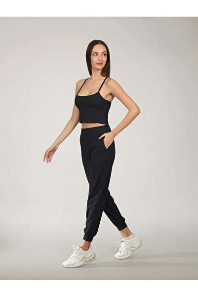 RARE SEASON Ultra Yumuşak Kadın Çift Cepli Yüksek Belli Siyah Jogger Eşortman...