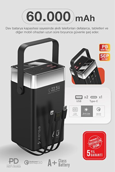 Kensa 60.000 mAh Süper Kapasiteli LED Işıklı Powerbank  Uyumlu – Hızlı Şarj, ...