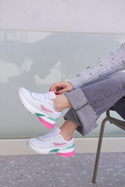 SOLAZER Pantofi de damă, alb, roz, pantofi sport casual 044