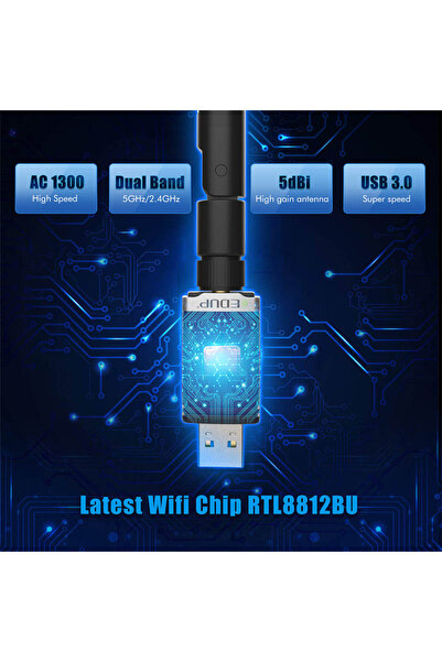EDUP Adaptor Wi-Fi USB, AC 1300Mbps, USB 3.0, bandă duală 5Ghz / 2.4Ghz, 802.11ac, antenă externă 5 dB