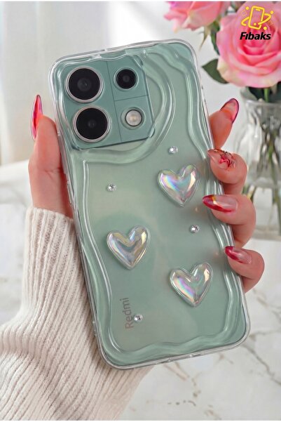 Fibaks Redmi Note 13 Pro 5G Kılıf 3D Kalpli İnci Tasarımlı Desenli Kamera Kor...