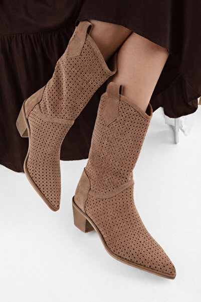 POTEEN Mona Women's Western Cowboy Heeled Real Leather Suede Laser Cut Perfor...